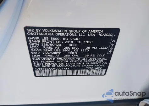 2021 Volkswagen Atlas Cross Sport 3.6L V6 Sel z USA, uszkodzony, nr VIN 1V2EE2CAXMC204122